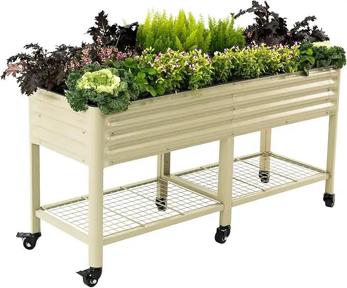Rolling Elevated Raised Garden Bed-V Series, 2' x 6' Garden Beds with Legs & Storage Rack for Patio & Porch, 1000 Lbs Weight Capacity, Outdoor Planter Box for Vegetables Flower Herbs, Pearl White by GreenHaven Gardens