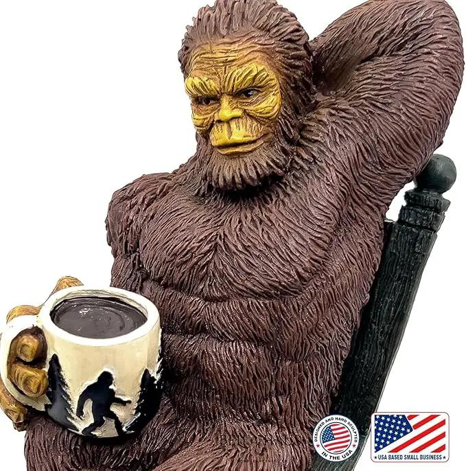 Bella Haus Bigfoot Garden Statue | Sasquatch Enjoying Morning Coffee | Whimsical Bigfoot Cabin Décor for Yard Patio Office or Home | Mythical Coffee-Loving Sasquatch Figurine | Hand-Painted Resin by GreenHaven Gardens