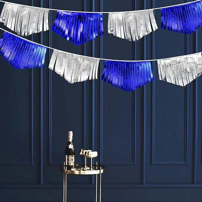 Royal Blue Silver Tassel Banner Metallic Fabric Pennant Bunting Flag for Graduation Birthday Retirement Bachelorette Engagement Wedding Bridal Shower Navy Nautical Ahoy Achor Party Decoration Supplies by GreenHaven Gardens