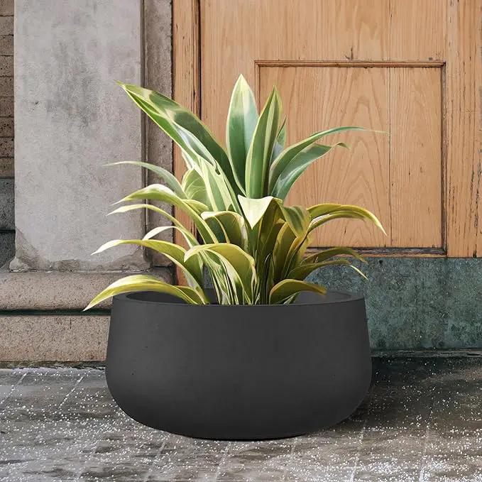 Kante 15.7" Dia Round Concrete Planter, Outdoor Indoor Garden Plant Pots with Drainage Hole and Rubber Plug, Modern Curvaceous Design, Black by GreenHaven Gardens