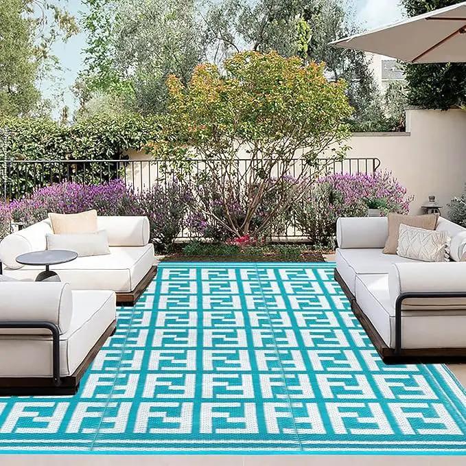 OutdoorLines Outdoor Plastic Area Rugs for Patio 5x8 ft - Reversible Outside Carpet, Stain & UV Resistant RV Mats, Straw Rug for Camping, Deck Garden, Porch and Balcony, Geometry Teal & Light Grey by GreenHaven Gardens