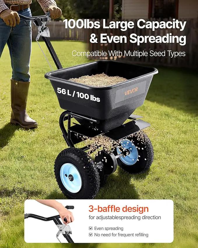 VEVOR Broadcast Spreader, 100LBS4Capacity, Walk-Behind Push Spreader, 0-9.8ft Spreading Width, 13 in All Terrain Pneumatic Tires, Lawn Spreaders with Hopper Grate, for Seed, Fertilizer, Salt, Ice Melt by GreenHaven Gardens