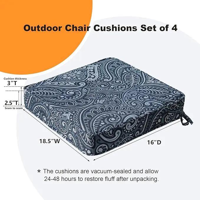 Square Corner Seat Cushions, 18.5" x 16" x 3", Set of 4, Indoor Outdoor Water Repellent Universal Chair Pads with Ties for Patio Furniture, Garden Deck Dining Chairs, Damask Blue Flower by GreenHaven Gardens