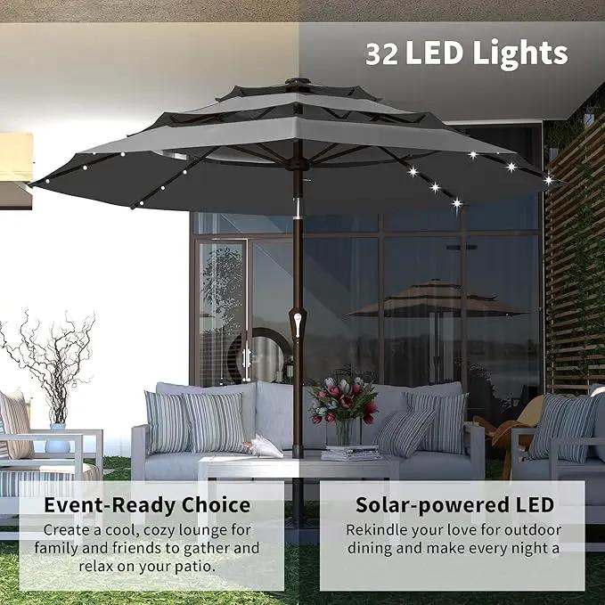 Kingdura 10ft 3-Tier Patio Umbrella with Solar Lights, Table Umbrella Outdoor Patio with Easy Crank & Tilt, 8 Sturdy Ribs, UV Protection, 32 LED Lights for Deck, Poolside, Market (Grey) by GreenHaven Gardens