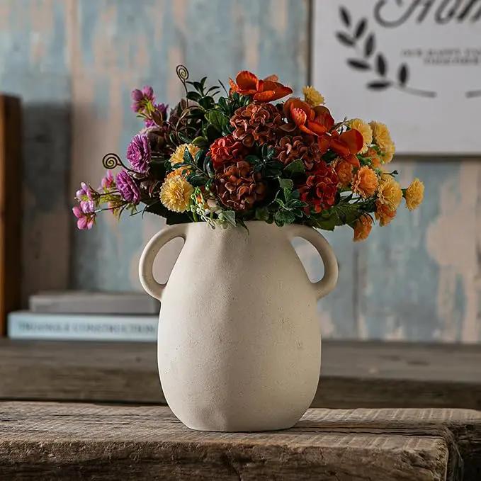 Off-White Ceramic Vase with 2 Handles, Sandstone Texture for Modern Farmhouse Decor, Rustic Pottery, Decorative Flower Vase, Clay Small Vase, Centerpiece for Dining Table - 7 Inch Tall by GreenHaven Gardens