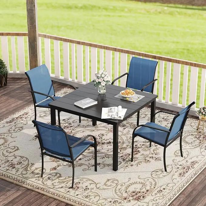 VICLLAX Patio Dining Set for 4, Outdoor Furniture Set Includes 40.2" Square Patio Table and 4 Stackable Patio Sling Chairs, Patio Table and Chairs for Outsides, Black Table and Blue Chairs by GreenHaven Gardens