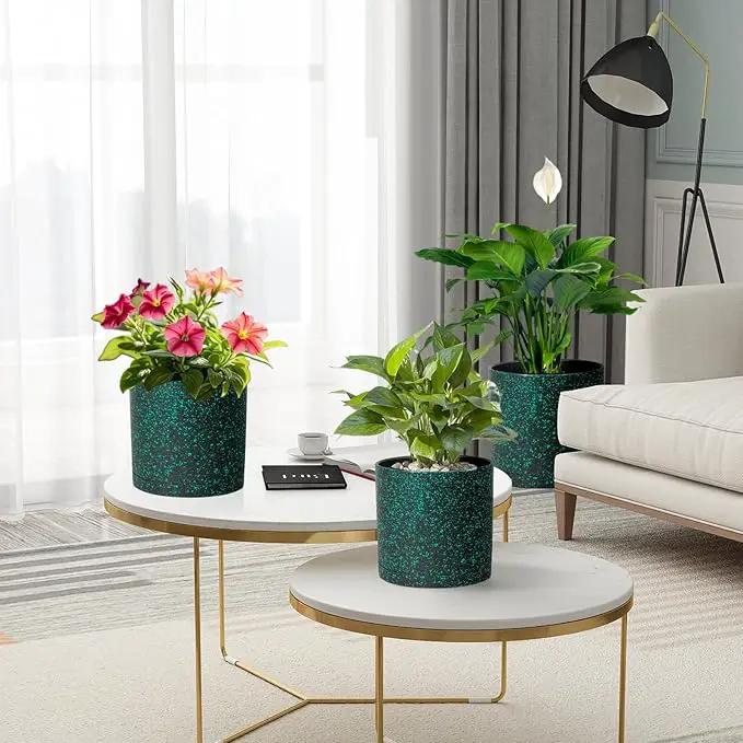 8/7/6 inch Plant Pots, 3 Pack Cylindrical Flower Pots for Outdoor Indoor Plants, Decorative Plastic Planters with Drainage Holes and Saucers for Garden House Plants, Black with Green Speckles by GreenHaven Gardens
