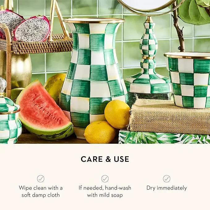 MACKENZIE-CHILDS Enamel Garden Pot, Decorative Pot for Plants, Outdoor Flowerpot Decor, Small, Green-and-White Emerald Check by GreenHaven Gardens