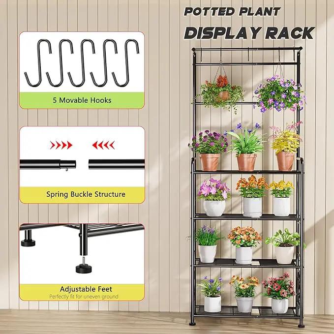 Plant Stand Indoor Outdoor Heavy Duty Metal - 68.4" Tall 4-Tier Shelf for Multiple Plants, Flowers, Rustproof Black Storage Rack for Patio, Balcony, Living Room, Garden, Includes Hooks&Adjustable Feet by GreenHaven Gardens