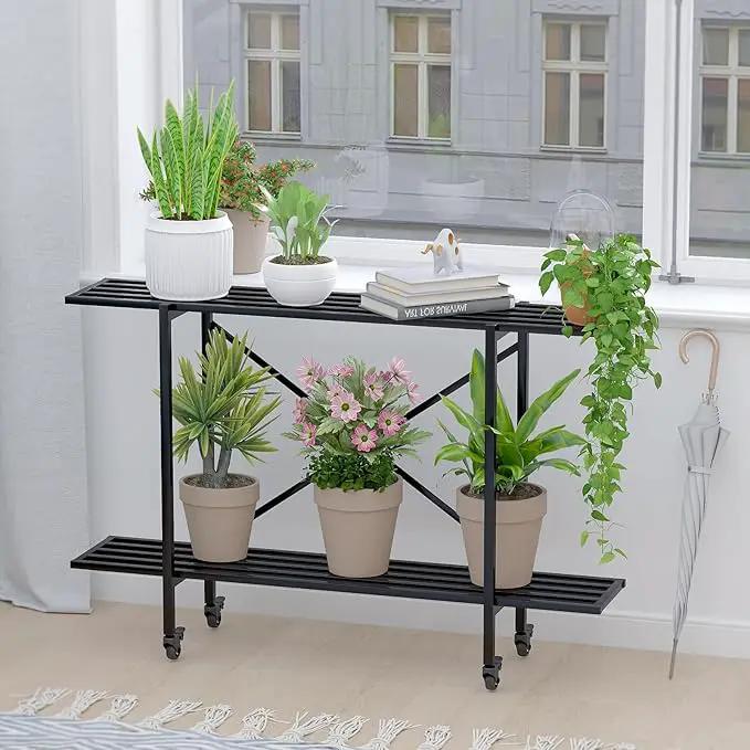 Zhongma 2 Tier Metal Sturdy Narrow Plant Stand with Wheels, Plant Stand Indoor and Outdoor, L45.67 x W10.3 x H29.9 inch, 440 LBS Capacity & Heavy Duty Construction. by GreenHaven Gardens