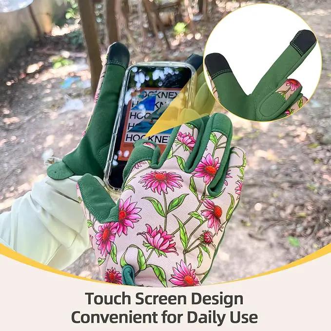 Gardening Gloves for Women, Garden Gloves with Touch Screen, Thorn Proof Puncture Resistant Working Gloves, Gardening Gifts for Women (Green with Pink Flowers, Medium) by GreenHaven Gardens