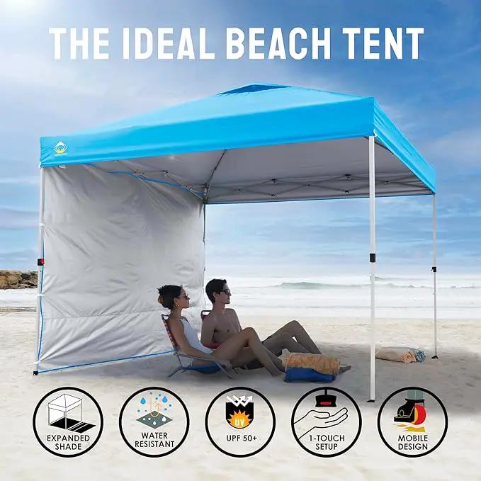 CROWN SHADES 10x10 Pop Up Canopy with 1 Side Wall - Beach Tent with One Push Setup - Outdoor Sun Shade for Events, Parties, Camping - Gazebo with STO-N-Go Cover Bag (Sky Blue) by GreenHaven Gardens
