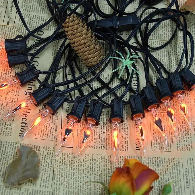 27.8Ft Halloween Decorations Flickering Flame String Lights with 29 Pack Clear Glass Flame Light Bulbs (4 Spare), E12 Base, Great for Christmas Halloween Indoor Outdoor Home Party Decor, Black Wire by GreenHaven Gardens