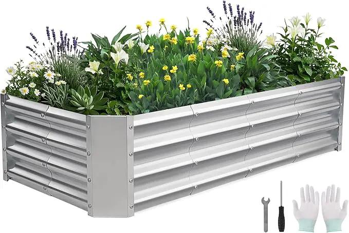 Galvanized Raised Garden Bed - 4x2x1ft Metal Garden Planter Box Outdoor | Steel Raised Bed Kit with Bracing Rods, Gloves for Gardening Vegetables Fruits and Flowers (Silver) by GreenHaven Gardens