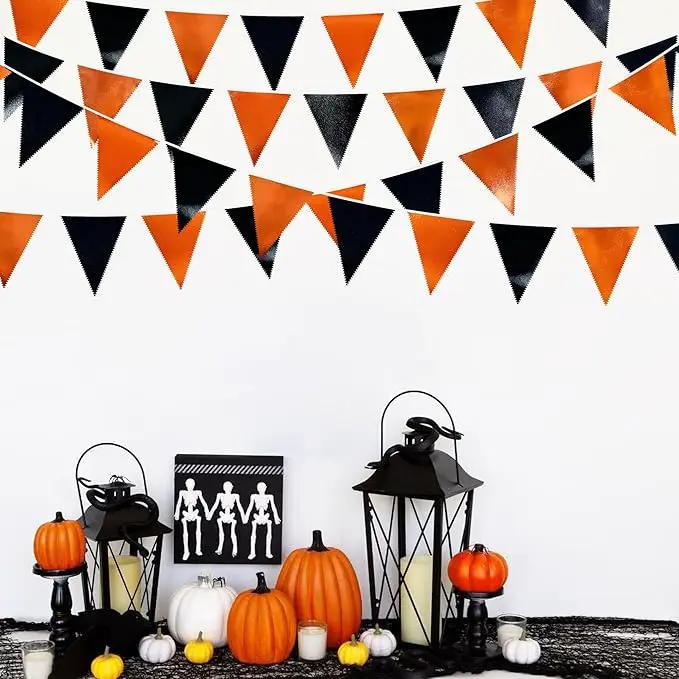 Black Orange Party Decoration Metallic Fabric Triangle Pennant Banner Flag Bunting Garland for Graduation Halloween Fall Autumn Thanksgiving Birthday Wedding Baby Shower Bridal Shower Party Supplies by GreenHaven Gardens