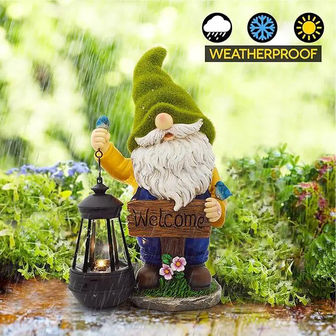 Garden Gnomes Outdoor - Flocked Gnome Statue Holding Lantern with Solar LED Lights | Gnomes Garden Decorations for Patio, Yard, Lawn Ornaments - Gnome Gifts by GreenHaven Gardens