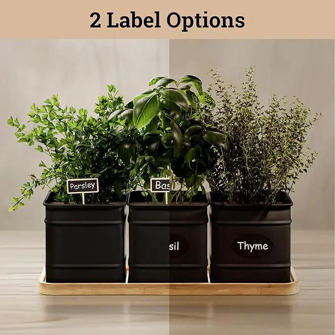Herb Planter Indoor - 3 Iron Herb Pots with Drainage Holes, Varnished Bamboo Tray, Customizable Labels & Marker Pen - Indoor Herb Garden Planter - 3 Pots for Herbs - Inside Spice Garden - Basil Pot by GreenHaven Gardens