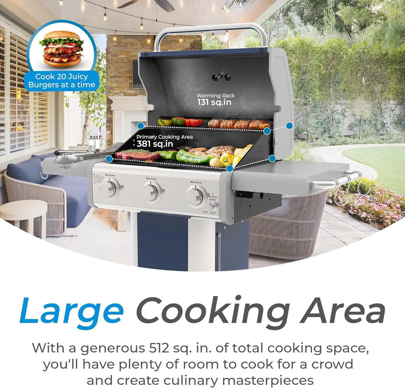 Kenmore 3-Burner Propane BBQ Grill, 30,000 BTUs Gas Grill with Cast Iron Cooking Grates, Folding Side Tables & Wheels, Outdoor Grill with Tool Hooks, Azure Blue by GreenHaven Gardens