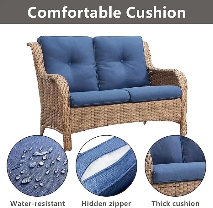 Outdoor Wicker Patio Furniture Set - 6 Piece Rattan Patio Conversation Set with 2 Rocking Swivel Chairs,2 Ottomans,1 Loveseat and 1 Coffee Table for Porch Deck Backyard Garden(Yellow/Blue) by GreenHaven Gardens