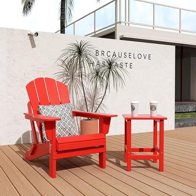 WO Home Furniture Adirondack Chair Table Set of 2 PCS Outdoor Folding Chair w Side Table Weather/UV Resistant for Lawn, Garden, Bon Fire, Balcony (Red) by GreenHaven Gardens