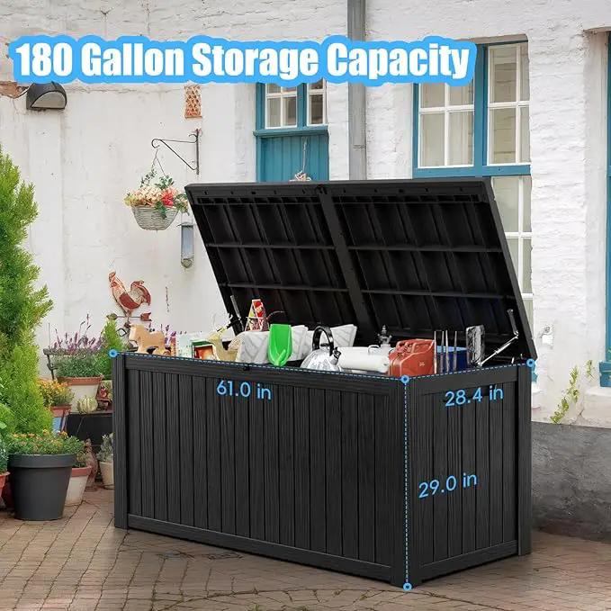 180 Gallon Deck Box,Resin Outdoor Storage Box with Lockable for Patio Furniture, Pool Accessories, Garden Tools Waterproof Outside Storage Box, Black by GreenHaven Gardens