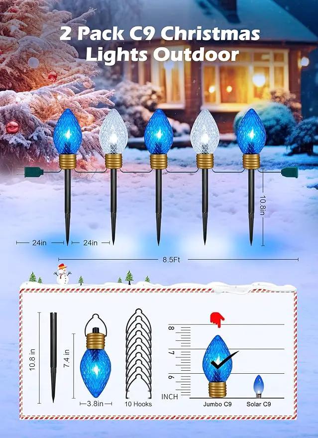 Moonflor Strawberry Jumbo C9 Christmas Pathway Lights Outdoor - 2Pack Total 17FT 10 LED C9 Walkway Light, Christmas Decoration Outside,Christmas Lights Outdoor for Lawn Yard Holiday, Blue & Pure White by GreenHaven Gardens