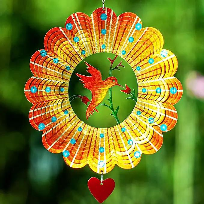 SteadyDoggie Wind Spinner - 12-Inch 3D Stainless Steel Lovebird Design with Heart Pendant - Laser Cut Metal Art Geometric Pattern - Hanging Kinetic Yard Garden Decor by GreenHaven Gardens