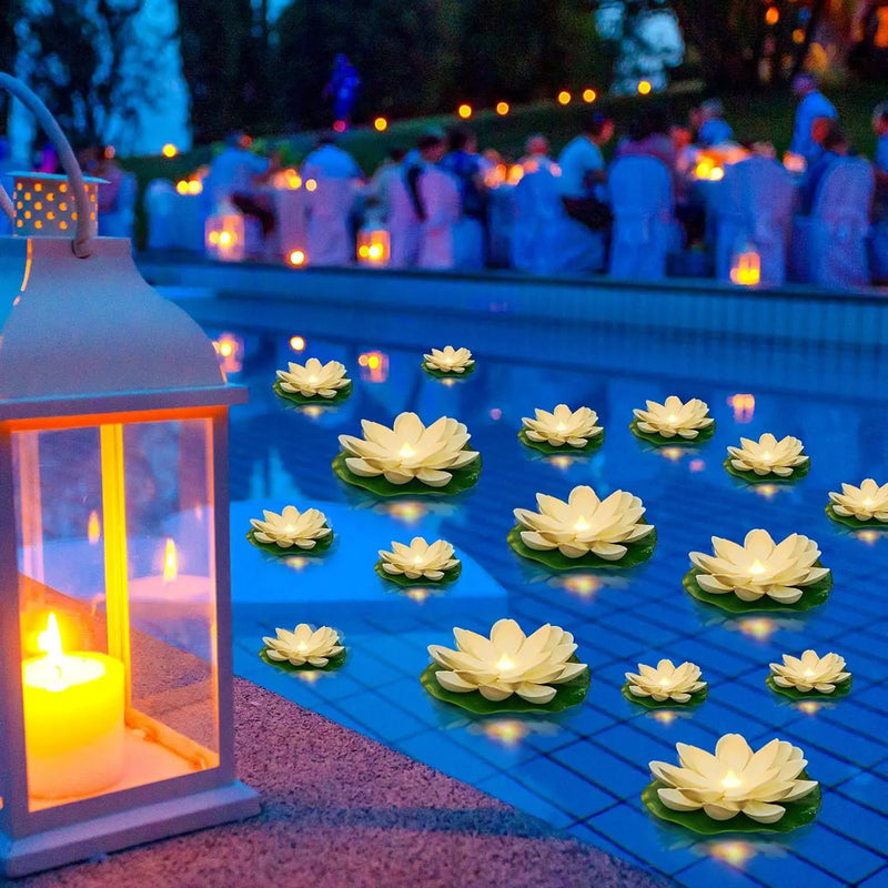 Liliful 36 Pcs Diwali Lotus Decoration Floating Lights Lotus Artificial Floating Flowers for Pool with LED Lights Battery Operated for Indian Puja Ganesh chaturthi Diwali(3.94, 5.91 Inch,White) by GreenHaven Gardens