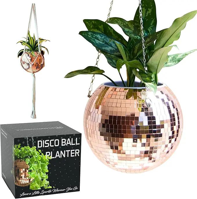 SCANDINORDICA Disco Ball Planter – Value Package: Mirror Disco Planter with Chain, Macrame Hanger and Acrylic Stand for Desk, Self Watering Insert, Plant Lover Gifts | 10 inch Rose Gold by GreenHaven Gardens