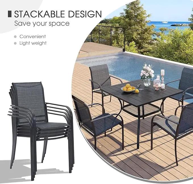 VICLLAX Patio Dining Set for 6, Outdoor Furniture Set Includes 47.2" Round Patio Table and 6 Patio Sling Chairs, Grey Tabletop and Grey Fabric by GreenHaven Gardens