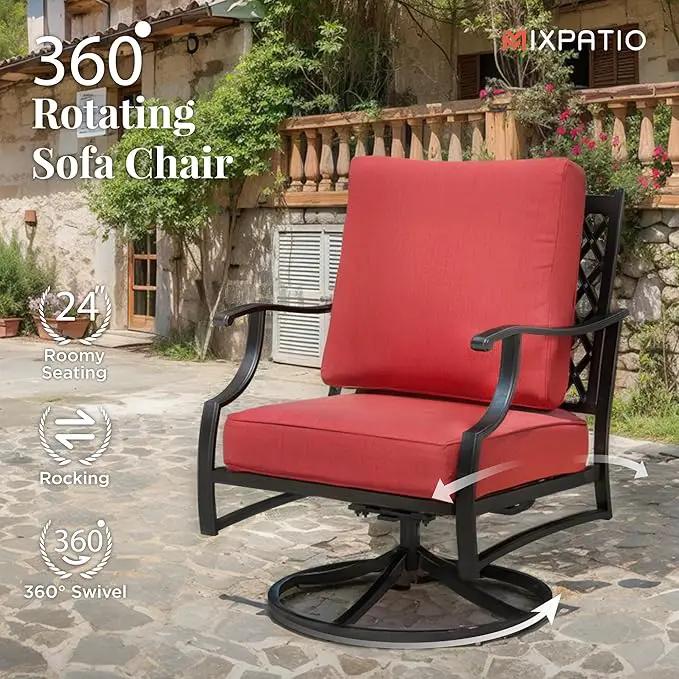 Patio Furniture Set with Fire Pit Table, 5 Pcs Metal Outdoor Conversation Set, 4 Swivel Chairs with 5.75" Extra Thick Cushion and 28" Fire Pit Table for Backyard Deck, Red by GreenHaven Gardens