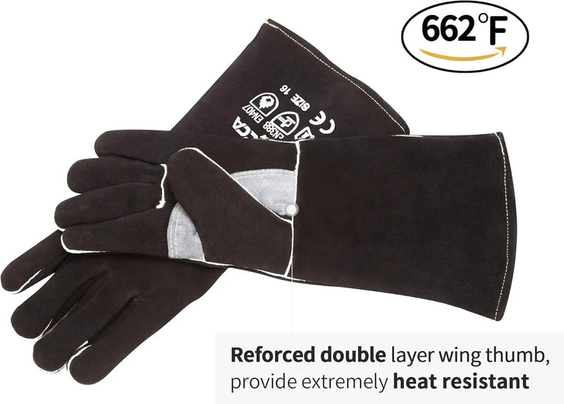 RAPICCA Fireplace Gloves Fire Heat Resistant: Black 14IN - Fireproof Leather for Fireplace Fire Pit Wood Stove Campfire Furnace BBQ Grill Oven Stick Mig Welding Welder Gear - Birthday Gift for men by GreenHaven Gardens
