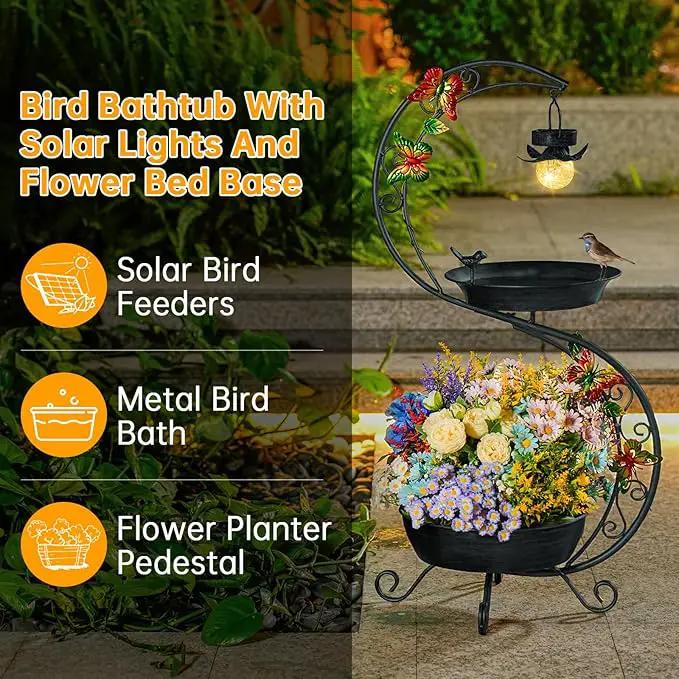 Bird Bath for Outside with Solar Lamp, 36" Birdbaths for Outdoors with Planter Flower Pot, Metal Bird Bath Bowl for Garden Yard Decor (All Black) by GreenHaven Gardens
