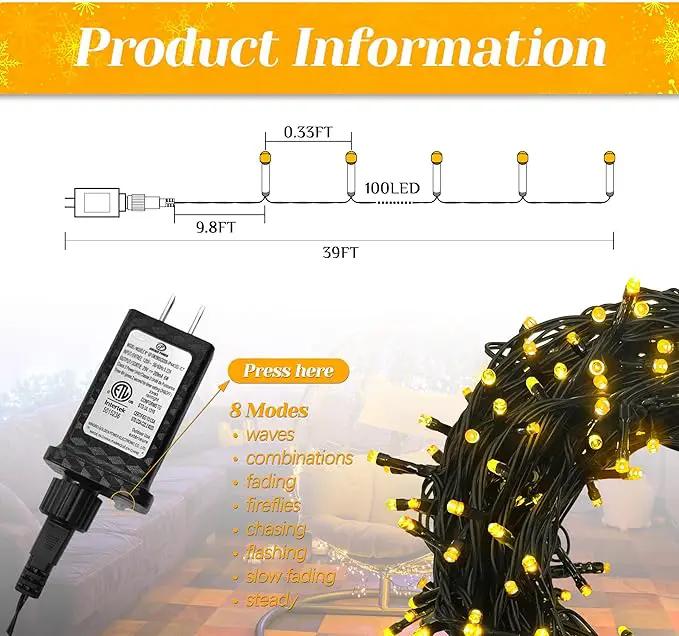 100 LED Christmas String Lights, 39FT Indoor Christmas Lights Plug-in with 8 Modes & Timer & Memory Function, Waterproof Christmas Lights Outdoor for Holiday Party Christmas Tree Decor by GreenHaven Gardens