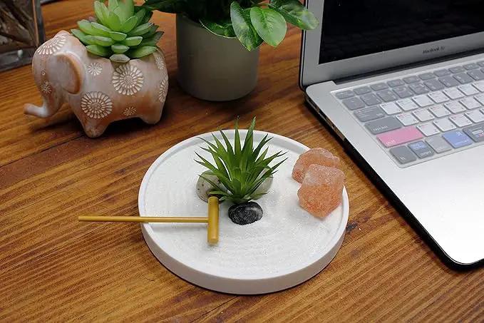 Nature's Mark Mini Zen Garden Kit for Desk with White Sand, Rake, White Base, Salt Rock and Air Plant (Round) by GreenHaven Gardens