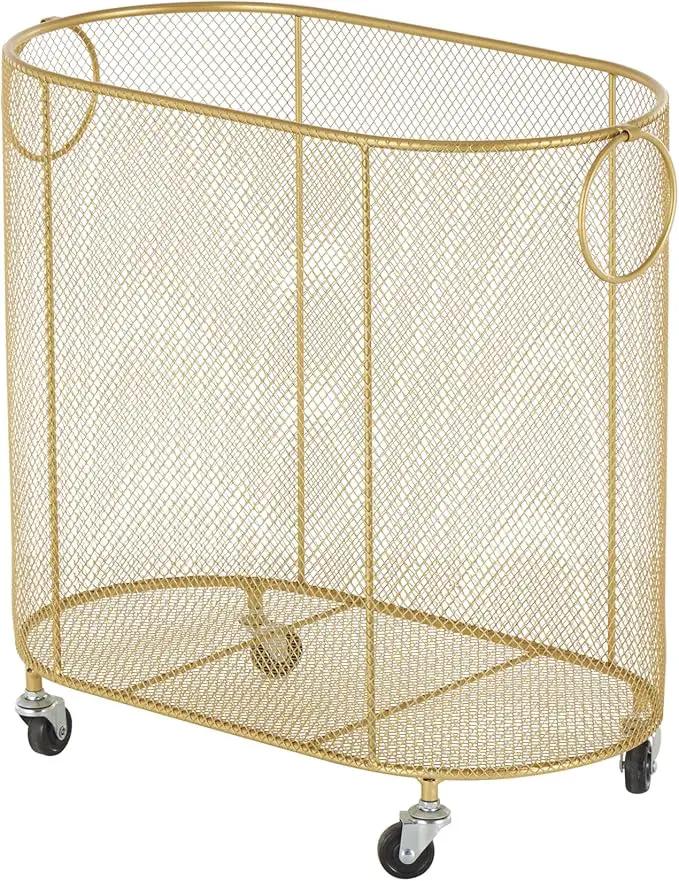 Deco 79 Metal Storage Cart Oval Mesh Wire Rolling Laundry with Ring Handles, 21" x 12" x 21", Gold by GreenHaven Gardens