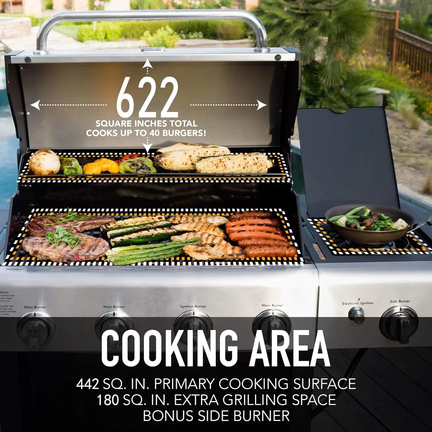 Kenmore 4-Burner Gas Grill with Side Burner, Outdoor BBQ Grill, Propane Gas Grill, Cast Iron Cooking Grates, Electronic Ignition, Warming Rack, Open Cart Design, 53000 BTUs, Stainless Steel and Black by GreenHaven Gardens
