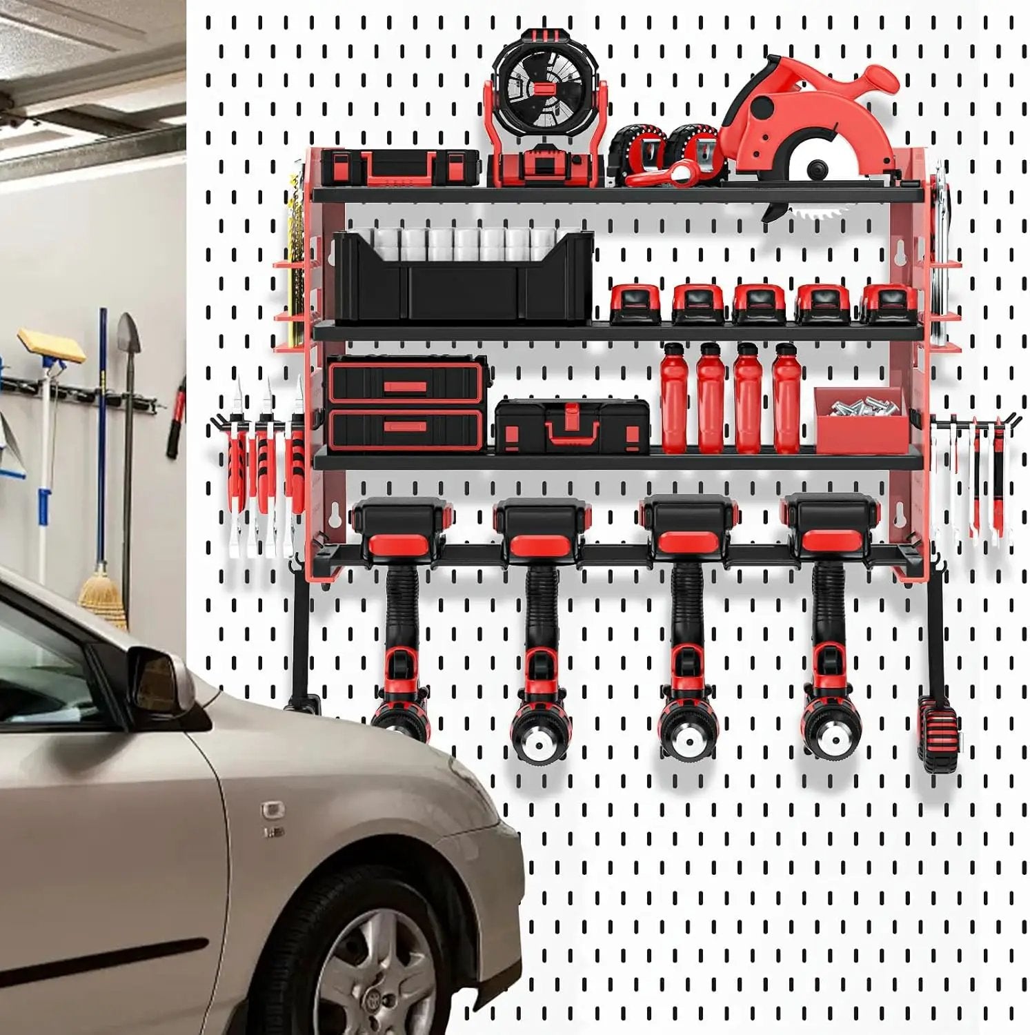 Power Tool Organizer Wall Mount, Red Metal Power Tool Storage Rack with Screwdriver Holder, Garage Tool Storage Shelves with Screwdriver Holder Plier Holder (Red, 4 Drills Holder) by GreenHaven Gardens