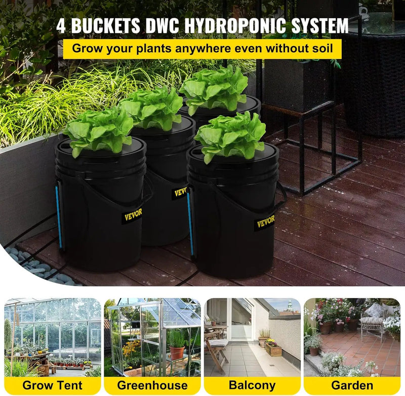 VEVOR DWC Hydroponic System, 5 Gallon 4 Buckets, Deep Water Culture Growing Bucket, Hydroponics Grow Kit with Pump, Air Stone and Water Level Device, for Indoor/Outdoor Leafy Vegetables by GreenHaven Gardens