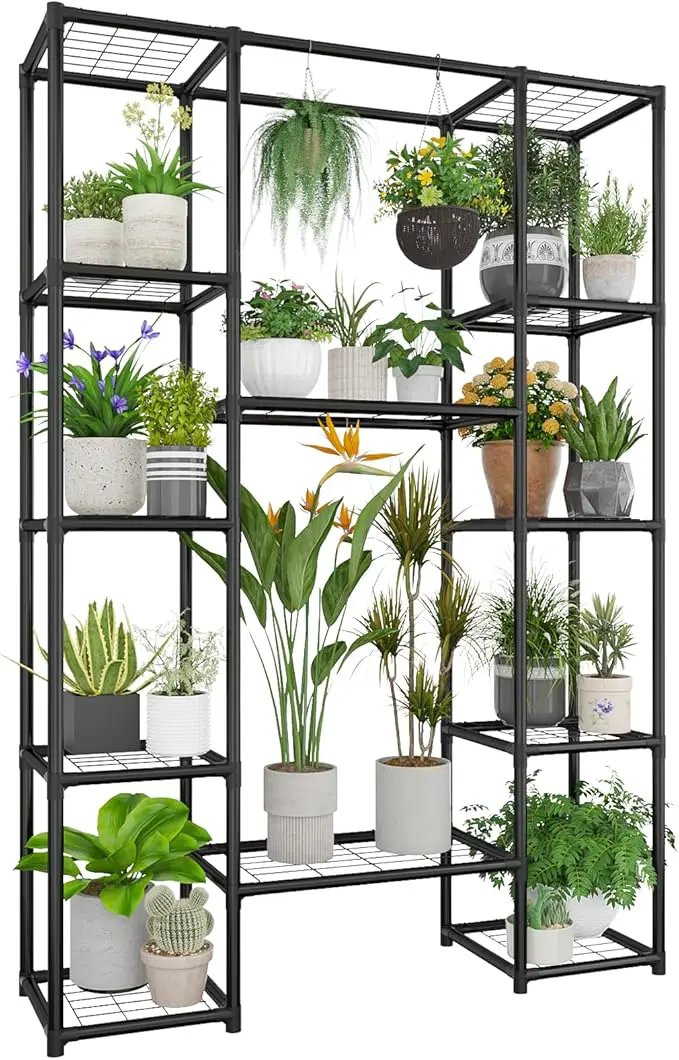 Plant Stand Outdoor Tall Plant Shelf Indoor Metal Large Hanging Plant Cabinet Waterproof Plant Rack Flower Holder for Living Room Patio Balcony Garden Black by GreenHaven Gardens