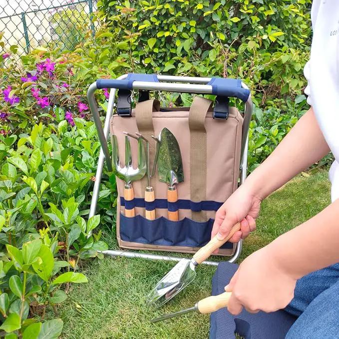 Garden Folding Gardener Stool with Gardening Tools Insulation Garden Bags Plus 5 Garden Tools and Gardening Kneeler Ideal Gift for Mother's Day/Father's Day (Navy Blue) by GreenHaven Gardens