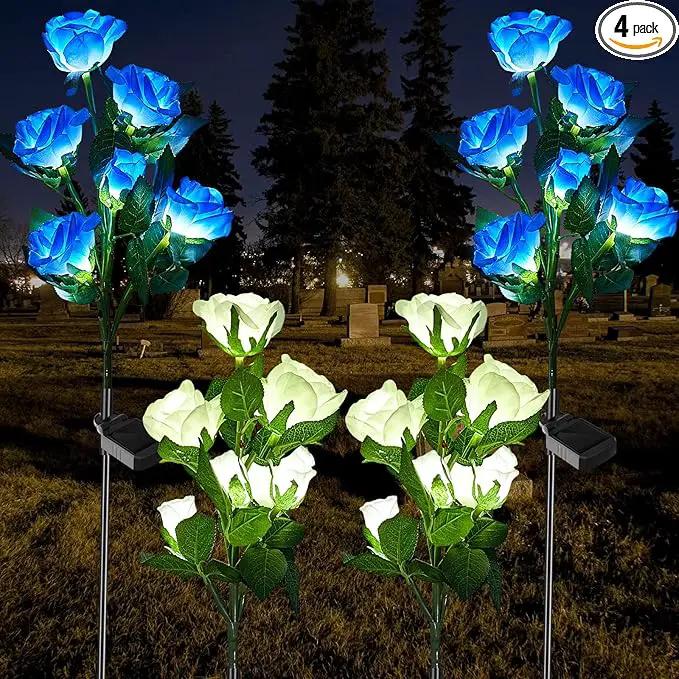 Woanger 4 Pcs Solar Flowers Cemetery Grave Decorations Outdoor LED Flower Lights with 6 Rose Powered Garden Stake Lights Waterproof for Independence Day Grave Decorations(Blue, White) by GreenHaven Gardens