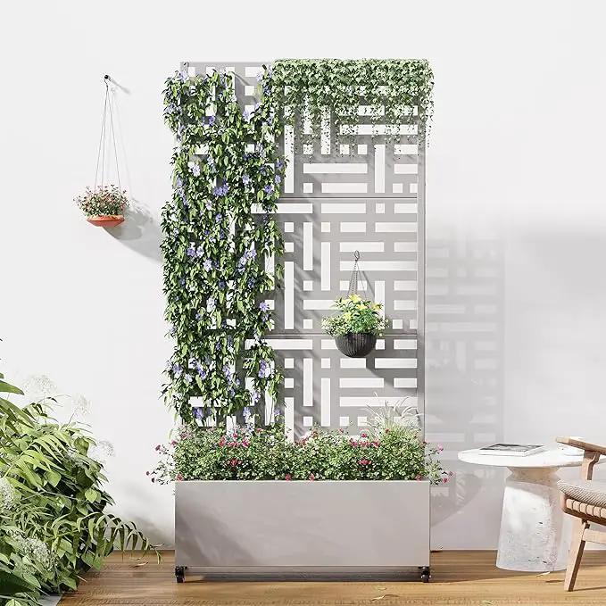 Casaphoria Metal Raised Garden Bed with Trellis and Wheels, 72"x35"x16" Planter Box for Climbing Plants, Vegetables & Vines, Features Drainage Holes and Privacy Screen (Grey-Helen) by GreenHaven Gardens
