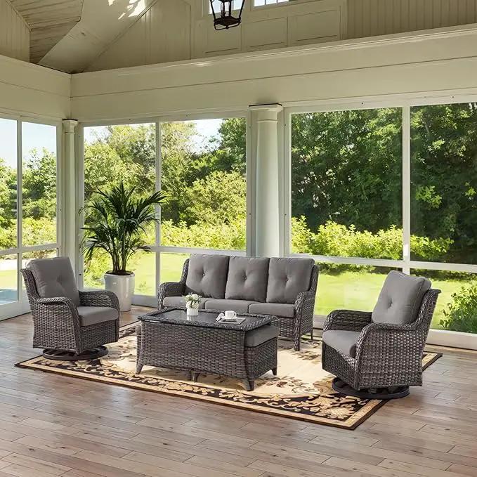 Wicker Outdoor Furniture Patio Furniture Set - 6 Piece Patio Conversation Set with Swivel Rocker Chairs, Rattan Sofa, Ottomans and Coffee Table, Gray Cushion by GreenHaven Gardens