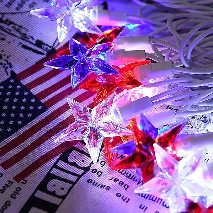 100 LED Red White and Blue Star Lights, 37FT 4th of July Star String Lights Plug in for Home Patio Garden Yard Memorial Day Independence Day Patriotic Decorations Outdoor, White Wire by GreenHaven Gardens