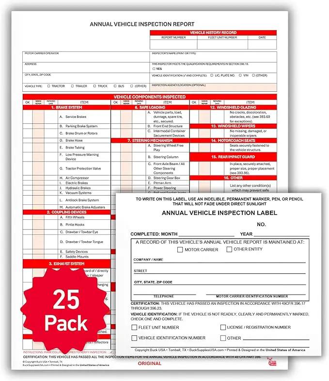 25 Pack 3-Ply Carbonless Annual Vehicle Inspection Report Forms with FMCSA 2-Ply Mylar Laminate Adhesive Vinyl Labels, DOT Inspection Forms and Stickers, Shrink-Wrapped, 8.5" x 11.75" - Made in USA by GreenHaven Gardens