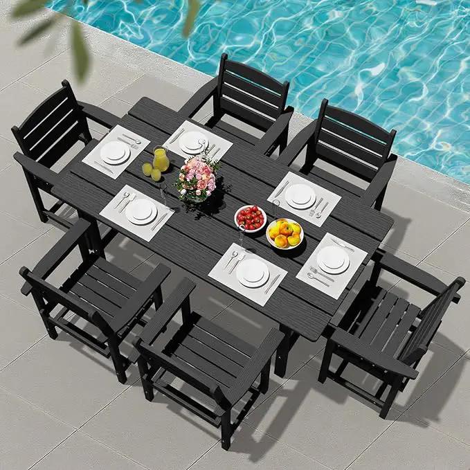 Patio Dining Set for 6 with Umbrella Hole - 66" Outdoor Table & 6 Chairs, All-Weather HDPE Outdoor Furniture for Lawn, Garden, Backyard, Poolside, Black by GreenHaven Gardens