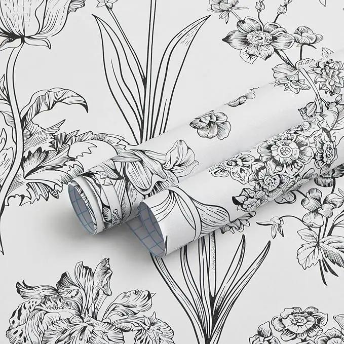 Dimoon 236"x17.3" Floral Peel and Stick Wallpaper White Contact Paper Waterproof Black Lines Wallpaper Vintage Flower Thicken Plant Self Adhesive Removable Wall Covering Shelf Liner Decal Vinyl Roll by GreenHaven Gardens