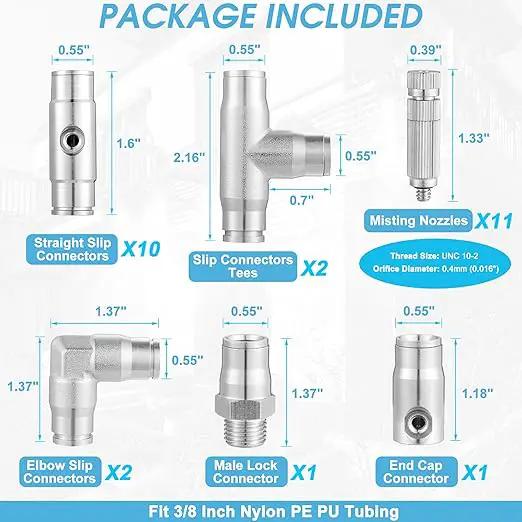 Mornajina 27Pcs Slip-Lock Misting Nozzle Tees with Slip Connector for 3/8 inch Drip Irrigation Tubing Kit, Including 11pcs Mister Nozzles Orifice 0.016", 16pcs 3/8" Brass Slip Connector, High Pressure by GreenHaven Gardens