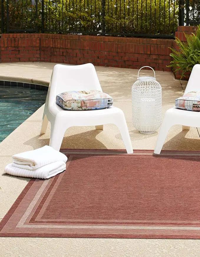 Unique Loom Outdoor Border Collection Area Rug - Soft Border (7' 10" Square Rust Red/Ivory) by GreenHaven Gardens
